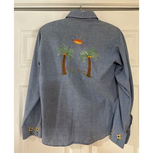 Vintage 60s/70s Hand Embroidered Chambray Shirt Palm Tree Sears Put-on Shop - Picture 1 of 14